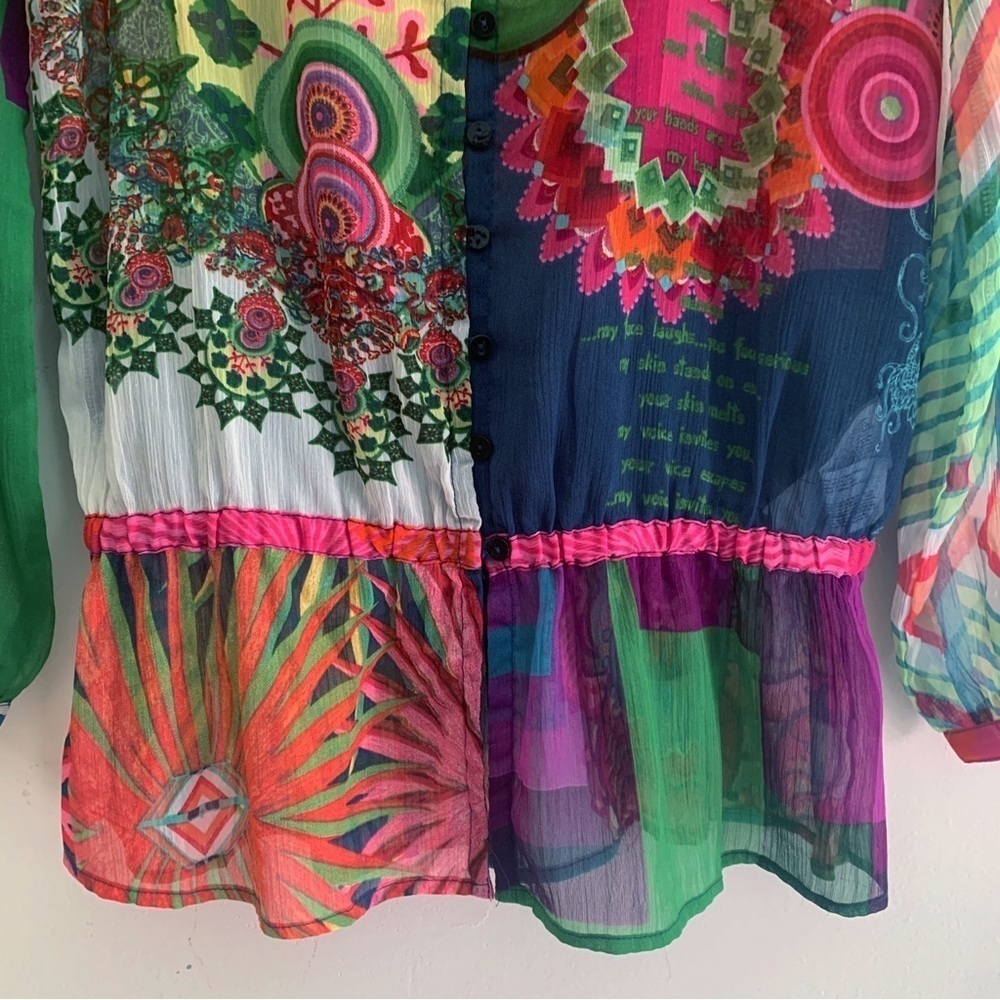 Desigual Vibrant Mixed Print Gauzy Peplum Tunic Blouse XS - Picture 4 of 10